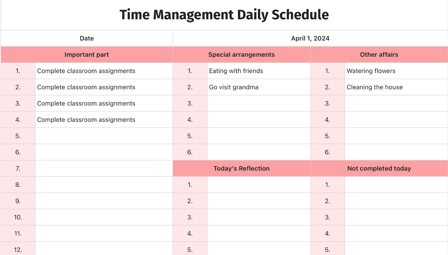 Time Management Daily Schedule